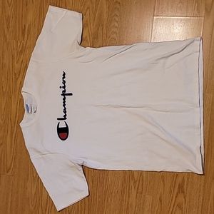 Champion Vintage Brand Script Logo White Shirt Old Tag Size Large